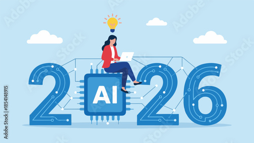 Artificial Intelligence and Innovation in 2026 with Businesswoman and Laptop