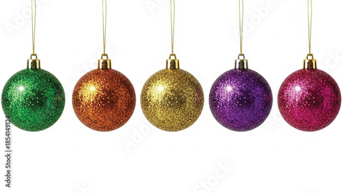 A row of five sparkling Christmas tree ornaments in different colors: green, orange, gold, purple, and pink, suspended by thin gold strings against a pure white background.