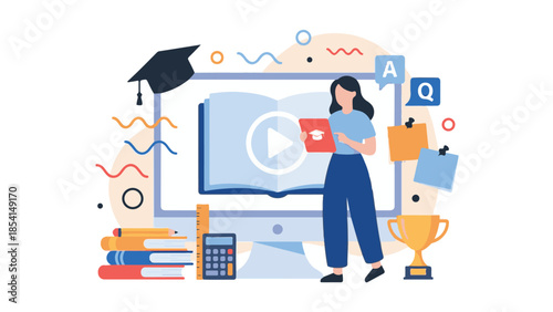 Online Education Concept Illustration with Student, Digital Devices, and Learning Tools