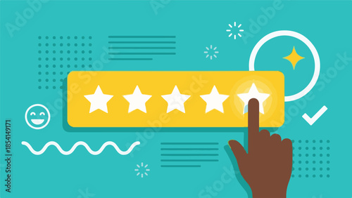 Customer satisfaction survey, hand giving five stars for excellent service