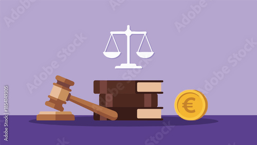Justice and Finance Concept: Gavel, Law Books, Scales, and Euro Coin