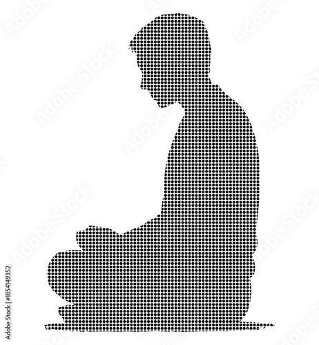 A man sitting in contemplation with part of an illustration visible in the foreground