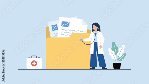 Healthcare professional examining medical records and patient data illustration