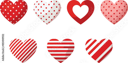 Red and pink heart shapes collection, love symbol illustration set, valentine day design elements, romantic decorative hearts, seamless cute patterns, flat vector artwork