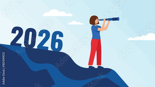 Woman looking through telescope at year 2026, symbolizing future vision and goals
