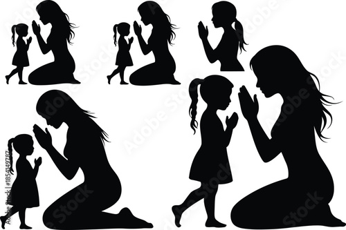 Silhouettes of mothers and daughters praying together in various poses