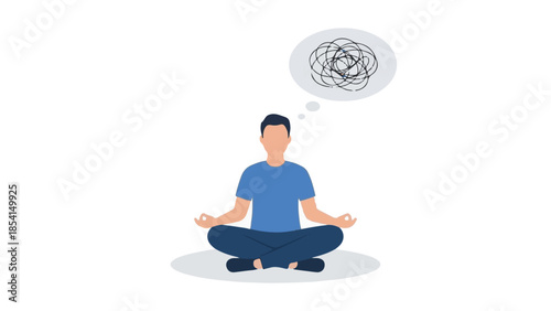 Man meditating in lotus pose with tangled thoughts bubble, symbolizing stress