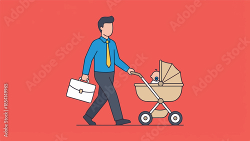 Father balancing career and childcare responsibilities, pushing stroller