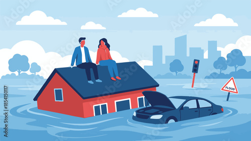 Couple on house roof during flood, car submerged in rising water