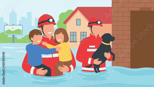 Firefighters rescuing children and a dog from a severe flood