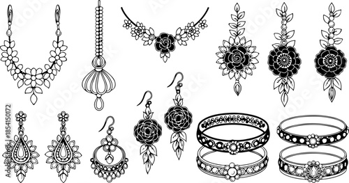 Ornate Vintage Jewelry Line Art And Ornament Vector Set