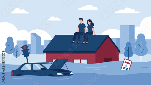Couple on house roof in a flooded city with submerged car and traffic light