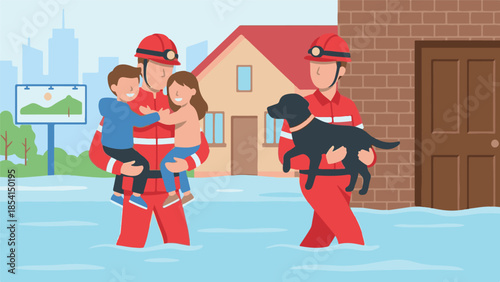 Firefighters rescue children and a dog from floodwaters