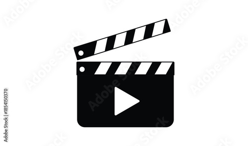 Movie Clapperboard Icon with Play Symbol, Black Minimalist Film Production Slate for Video Media