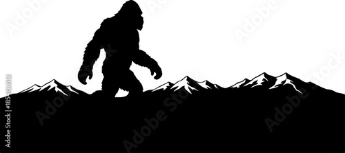 Bigfoot Silhouette in Mountain Wilderness Illustration