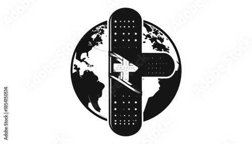 Global healthcare concept with bandage and world map in black and white.