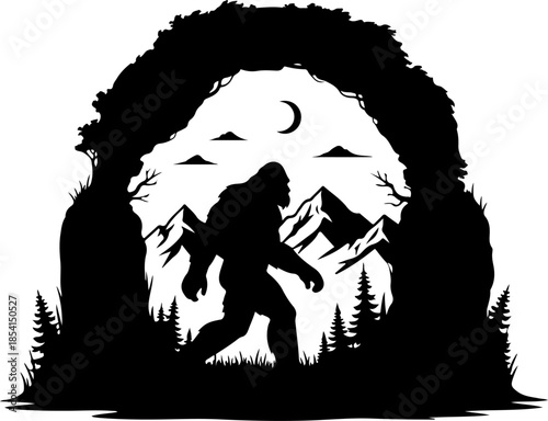 Bigfoot Silhouette in Mountain Wilderness Illustration