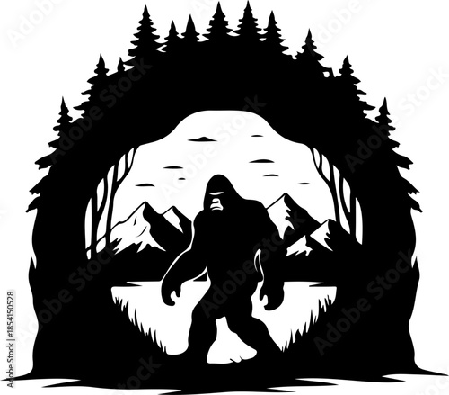 Bigfoot Silhouette in Mountain Wilderness Illustration