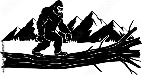 Bigfoot Silhouette in Mountain Wilderness Illustration