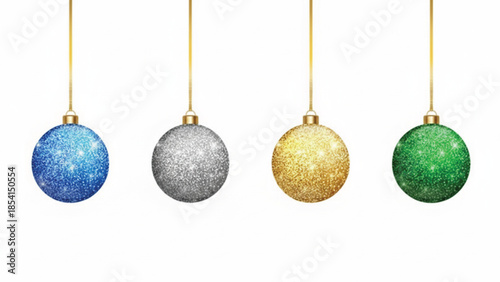 Four glitter christmas ornaments hanging blue, silver, gold, and green isolated on white background.