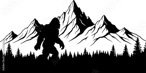 Bigfoot Silhouette in Mountain Wilderness Illustration