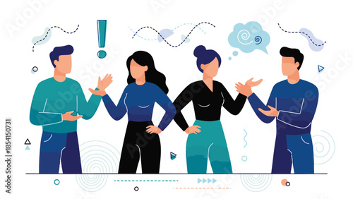 Four diverse people in a dynamic discussion, sharing ideas and expressing thoughts