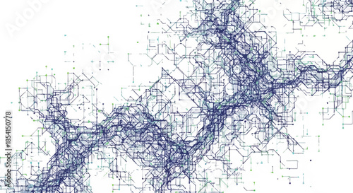 An intricate abstract network of interconnected lines and nodes dynamically visualizes complex data structures and digital communication pathways, ideal for technology.