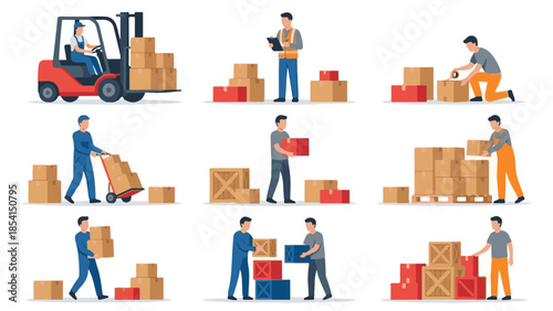 Logistics, Shipping and Warehouse Workers Handling Packages and Goods