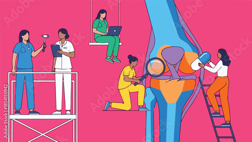 Medical team actively diagnosing and treating human knee joint issues
