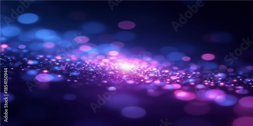 Abstract colorful bokeh background featuring glowing blue and purple light circles with shiny glitter particles and bright defocused stars for a decorative festive wallpaper design