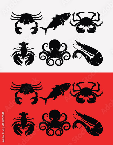 Seafood icons including crab lobster fish octopus