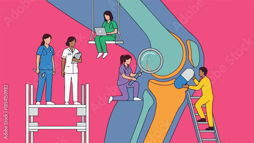 Medical Team Exploring and Treating Human Knee Joint Anatomy