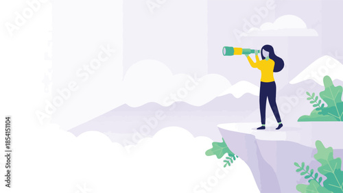 Woman on a cliff using a telescope, looking towards the horizon