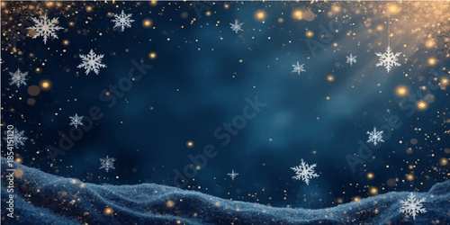 A blue winter night sky landscape features an elegant Christmas tree illustration with glowing stars and falling snowflakes for a festive holiday celebration greeting card background