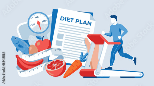 Healthy lifestyle concept with diet plan, exercise, and nutritious food