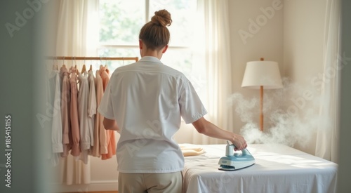 Woman ironing clothes in a room with a window and a table