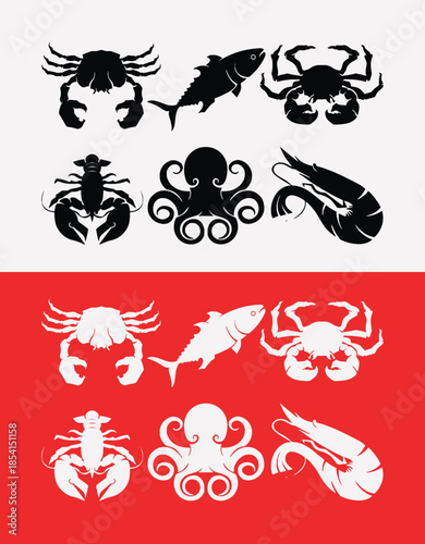 Seafood icons including crab lobster fish octopus and scorpion