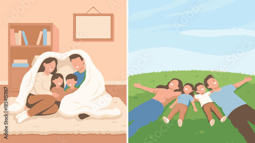 Happy family enjoying cozy moments indoors and relaxing outdoors.