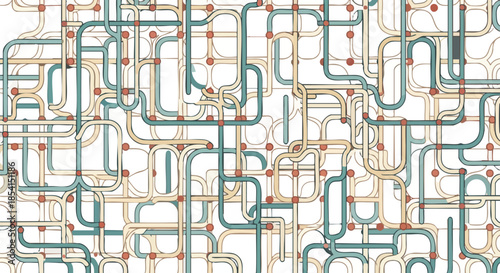 Intricate network of interconnected pipes and junctions creates a complex abstract pattern with a sense of flow and connection.