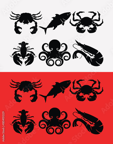 Seafood icons featuring various ocean creatures