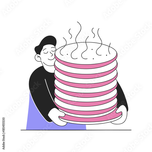Happy man embracing a giant stack of steaming pancakes. Minimalist doodle illustration.