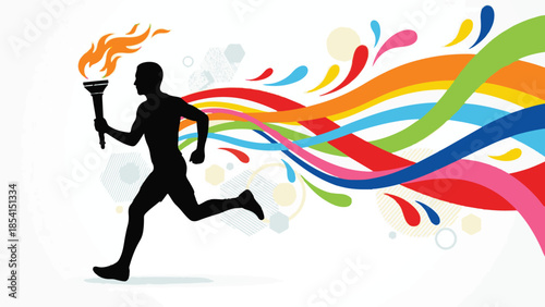 Dynamic silhouette of a runner holding a flaming torch with colorful swirls