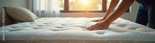Someone is placing their hand on the mattress in front of a window