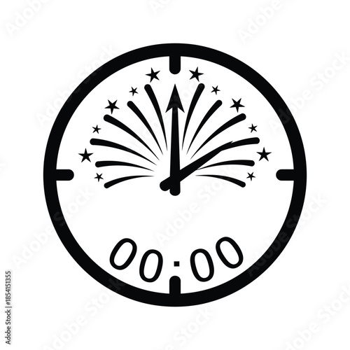 Black clock face with fireworks and 0000 time midnight new year