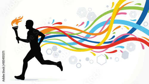 Runner with burning torch and colorful abstract motion lines
