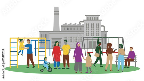 Diverse community enjoying a playground with an industrial factory backdrop