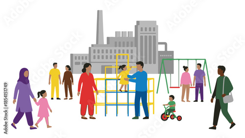 Diverse families and children playing in an urban park with industrial background