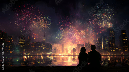 Couple enjoying fireworks over cityscape