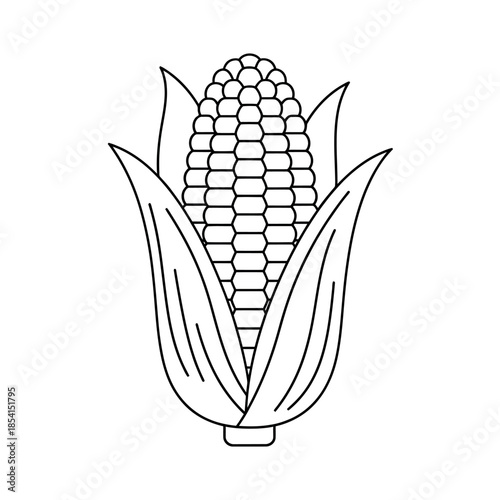 A black and white outline of corn on the cob with green husks, depicted in a clean vector style.