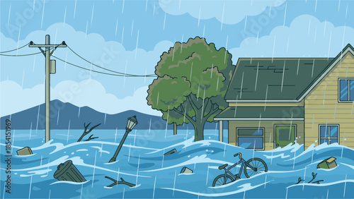 Residential neighborhood submerged in severe floodwaters during heavy rain